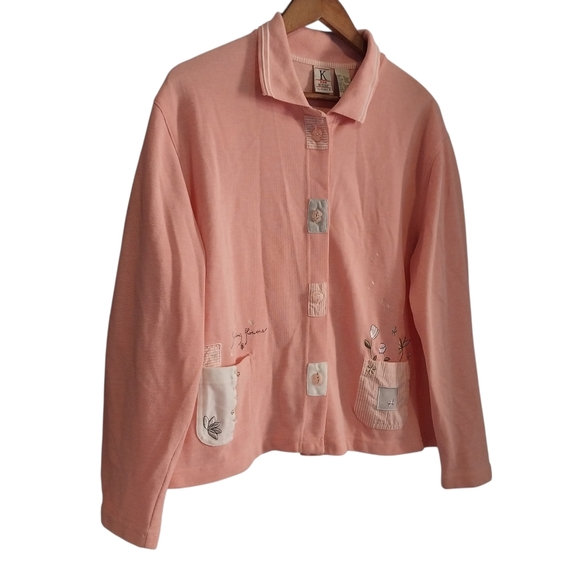 Vintage Koret Size Large Pink Spring Flowers Embroidered Cottagecore Cardigan - Picture 2 of 13